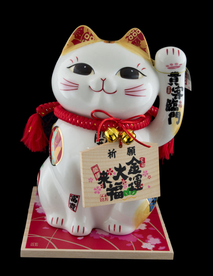 Chat Japonais Blanc 14 cm et son Poisson Maneki Neko Patte Animee  361-N 
