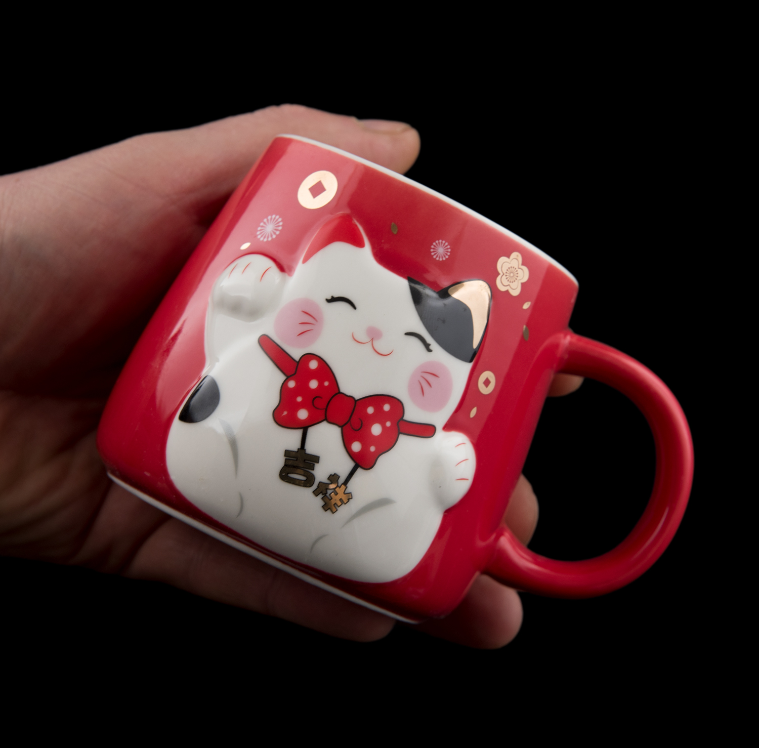 Tasse rouge Chat Maneki Neko Mug porcelaine avec couvercle Lucky Cat