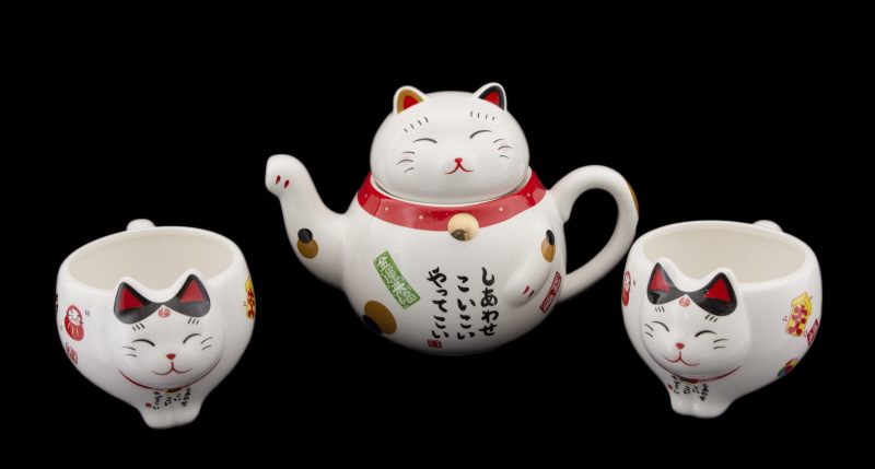 Chat Japonais Service à The Maneki Neko 1 Theiere et 2 Tasses en Ceramique 40631 