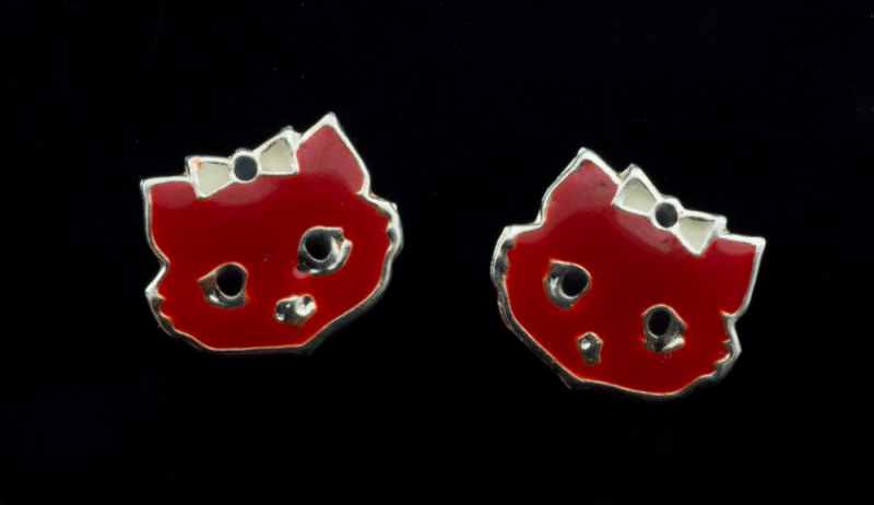 Boucle D Oreille Clou Chat Japonais Maneki Neko En Argent 925 Rouge 379 K98