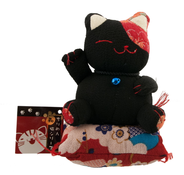 Chat Japonais Manekineko En Tissu Noir Rouge