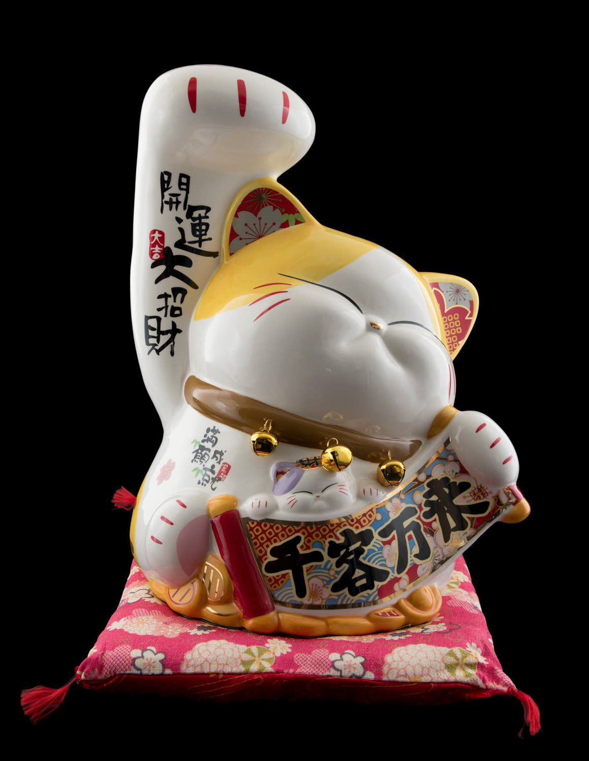 Maneki Neko - Statue de Chat Japonais en Porcelaine avec Cloches