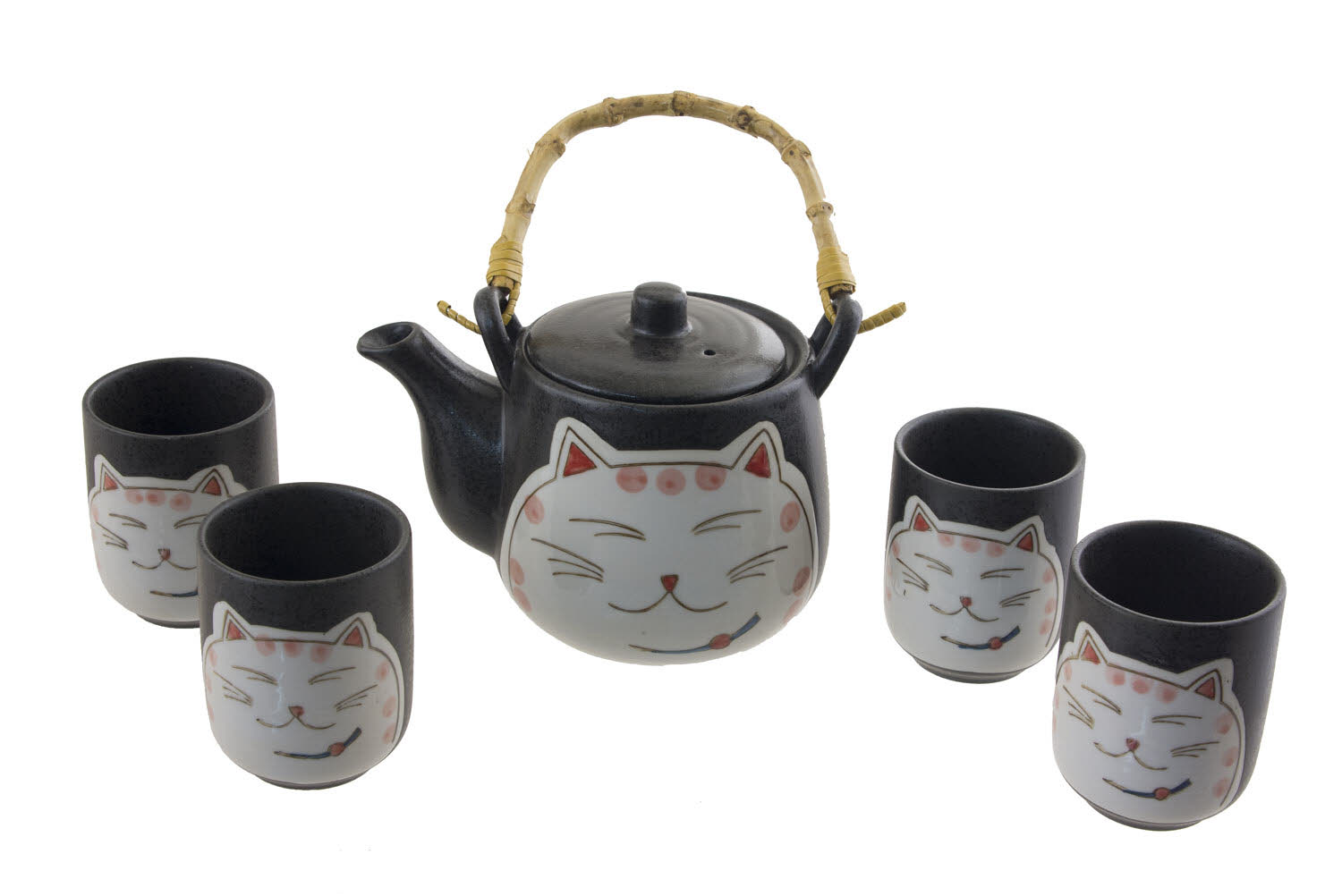 Okura 200086 Service à saké en porcelaine pour chat 1 tasse 40 cc et 1 carafe en forme de chat 270 ml Chat noir et tasse jaune 