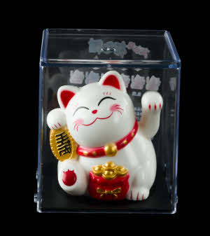 Freak Scene Chat Chanceux Signe Porte Bonheur - Maneki Neko - Fond Ronde Solaire - 15 Cm - Blanc